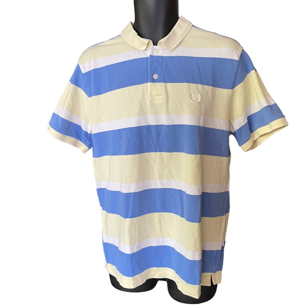 CHAPS Golf Polo Shirt Short Sleeve Cotton Yellow White Blue Striped Size Large